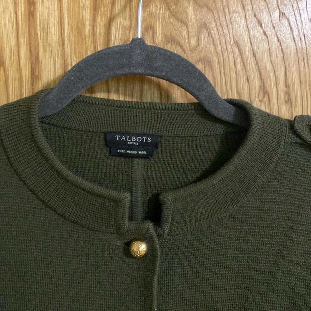 Talbots Petites Military Style Cardigan Jacket Pure Merino Wool Army Green
